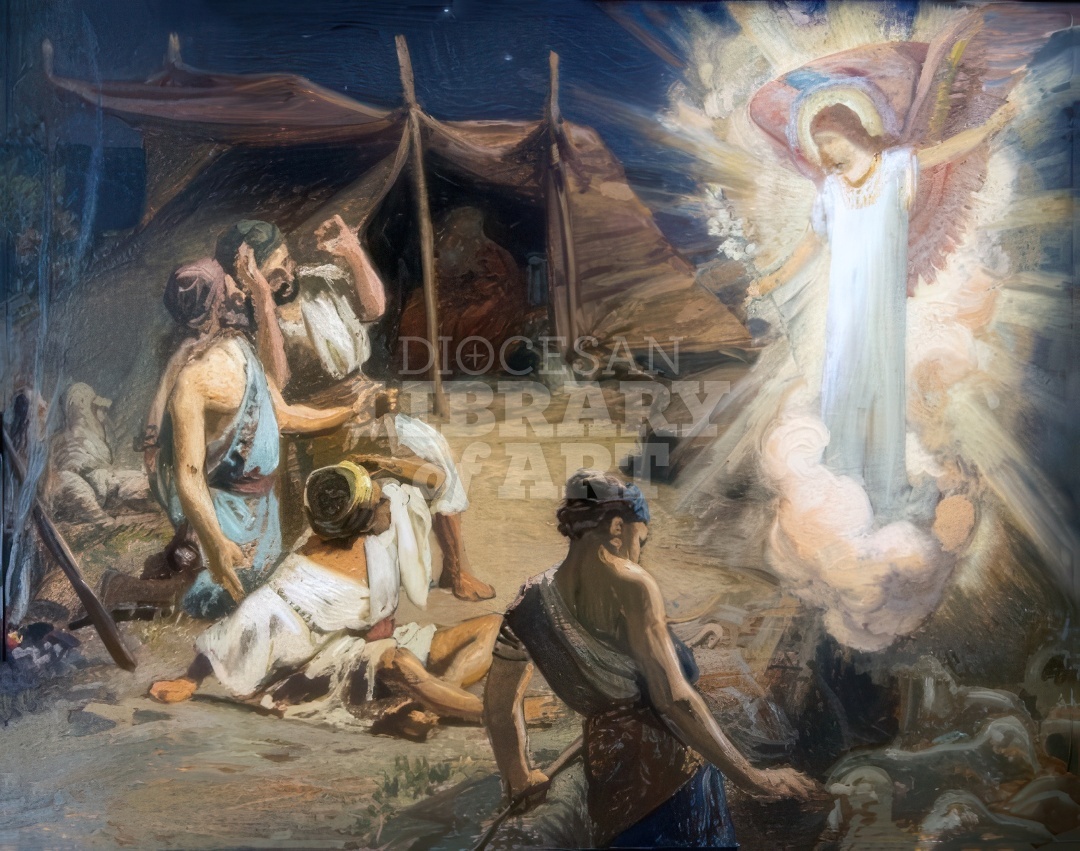 An Angel Stands on a Cloud Surrounded by a Slow of Light Amidst Astonished Shepherds
