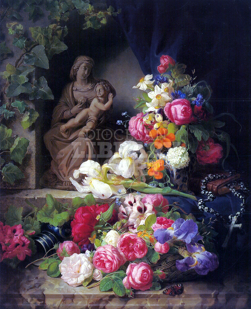 Still Life with Flowers, a Statue of the Madonna and a Rosary